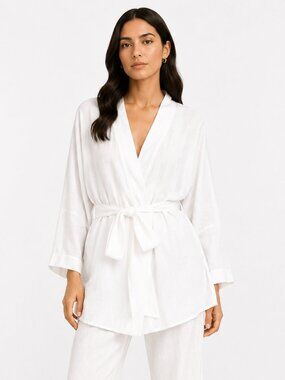 HANRO WHITE WRAP SURPLICE BELTED TUNIC KIMONO ROBE - XS